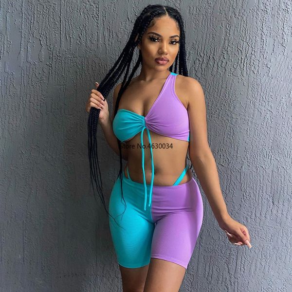 purple blue color patchwork summer 2020 tracksuit one shoulder crop tank bra skinny biker shorts women two piece set, White
purple blue color patchwork summer 2020 tracksuit one shoulder crop tank bra skinny biker shorts women two piece set, White