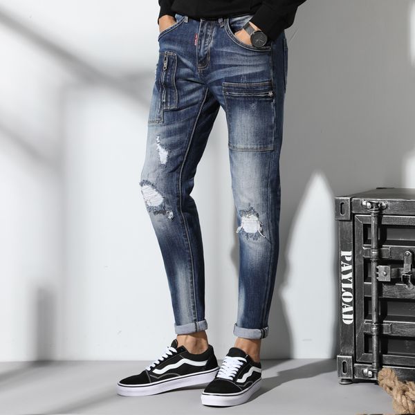 spring and autumn new europe and hole mosaic jeans men's stretch slim feet personality pocket long pants tide, Blue
spring and autumn new europe and hole mosaic jeans men's stretch slim feet personality pocket long pants tide, Blue