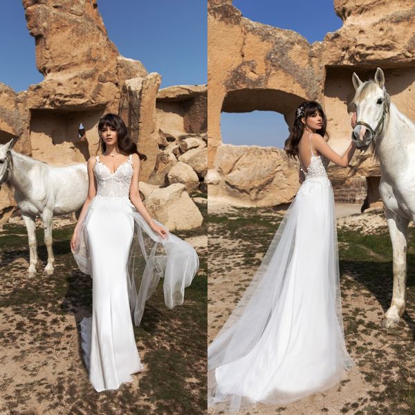 2020 elegant spaghetti mermaid wedding dresses appliques lace satin beach wedding dress custom made backless country bridal gowns, White
2020 elegant spaghetti mermaid wedding dresses appliques lace satin beach wedding dress custom made backless country bridal gowns, White