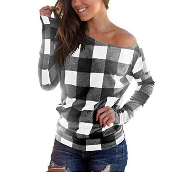 women's long sleeve pullover t-shirt round neck shoulder-leaking plaid women's top, White
women's long sleeve pullover t-shirt round neck shoulder-leaking plaid women's top, White