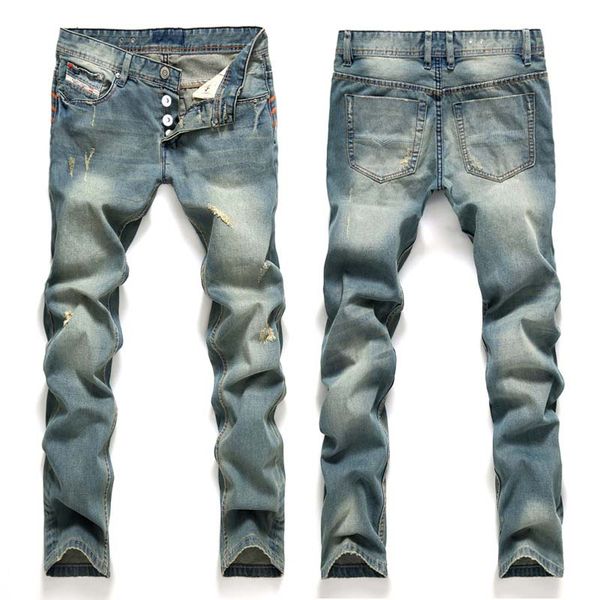 men casual jeans distressed vintage scratched button fly vintage print denim knee holes jeans, Blue
men casual jeans distressed vintage scratched button fly vintage print denim knee holes jeans, Blue