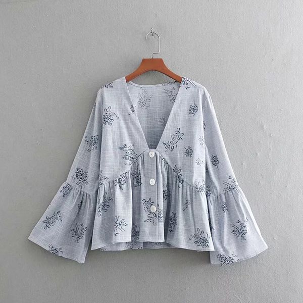 flower printing v neck loose smock women linen shirt casual flare sleeve blouse summer feminina chemise s5368, White
flower printing v neck loose smock women linen shirt casual flare sleeve blouse summer feminina chemise s5368, White