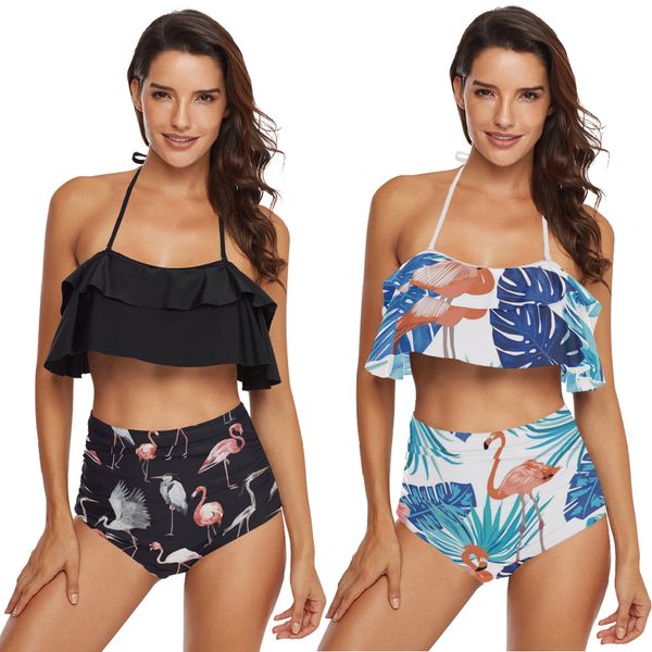 women's printed summer swimsuit tankini custom flamingo bikini set two piece halter ruched flounce high waisted bathing suit, White;black
women's printed summer swimsuit tankini custom flamingo bikini set two piece halter ruched flounce high waisted bathing suit, White;black