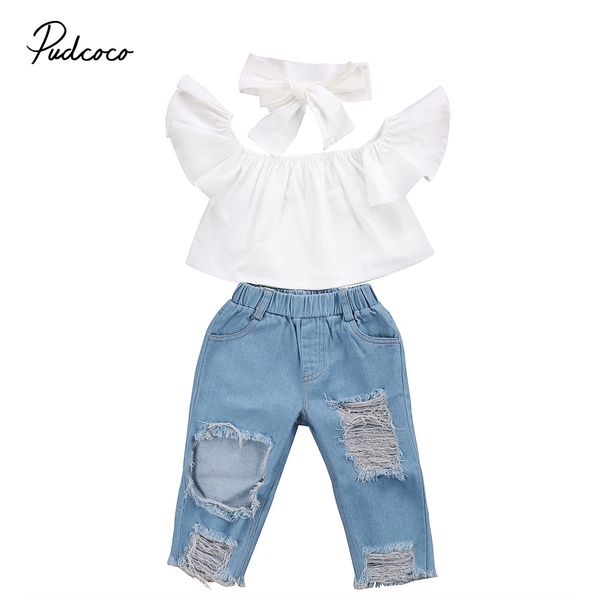 fashion toddler girls kids off shoulder +denim pants ripped jeans +headband outfits set clothes, White
fashion toddler girls kids off shoulder +denim pants ripped jeans +headband outfits set clothes, White