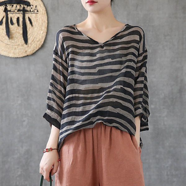 women's blouses & shirts summer vintage striped zanzea 2021 women v neck 3/4 sleeve blouse casual loose blusas femininas tunic robe fe, White
women's blouses & shirts summer vintage striped zanzea 2021 women v neck 3/4 sleeve blouse casual loose blusas femininas tunic robe fe, White