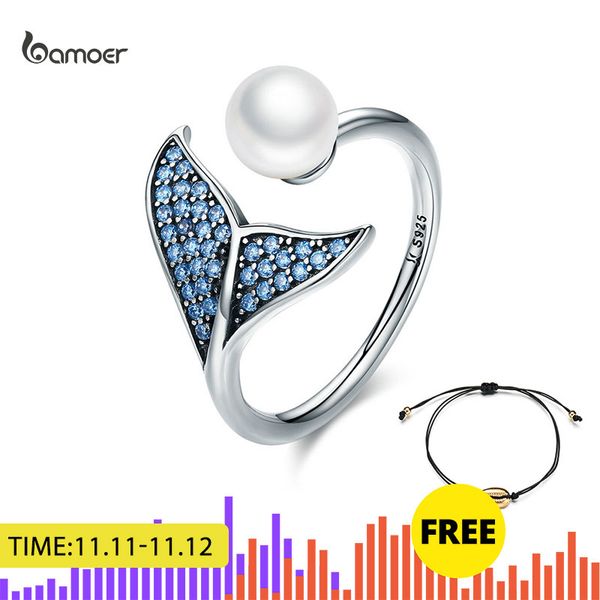bamoer mermaid fish tail shell pearl finger rings for women adjustable open size 925 sterling silver ring gxr286, Golden;silver