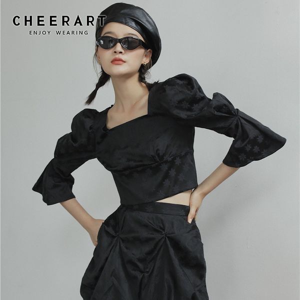 cheerart black puff sleeve floral crop blouse women and blouses square neck backless summer blouse 2020, White
cheerart black puff sleeve floral crop blouse women and blouses square neck backless summer blouse 2020, White