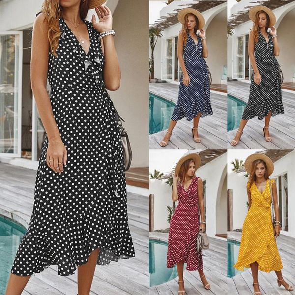 womens sleeveless polka dot boho maxi dress summer beach ruffle split party fashion 4 colors v-neck dress slim waist skirt, White
womens sleeveless polka dot boho maxi dress summer beach ruffle split party fashion 4 colors v-neck dress slim waist skirt, White