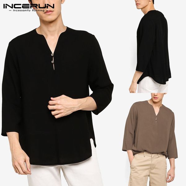 men's casual shirts man vintage cotton shirt fashion elegant brand blouse summer men solid color 3/4 sleeve v neck loose camisa s-5xl, White;black
men's casual shirts man vintage cotton shirt fashion elegant brand blouse summer men solid color 3/4 sleeve v neck loose camisa s-5xl, White;black