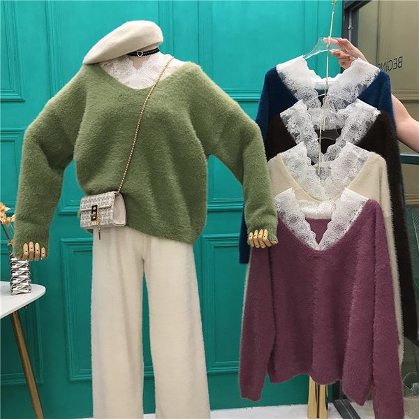 mohair sweater female 2019 new korean lace stitching collar loose pullover sweater tide, White;black
mohair sweater female 2019 new korean lace stitching collar loose pullover sweater tide, White;black