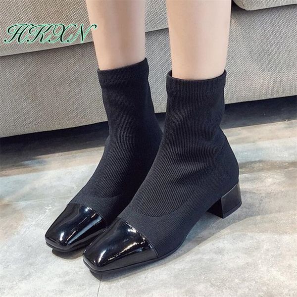 hkxn 2019 elastic socks booties ankle boots flock square heels squaretoe autumn winter female slip on woman heels short boots, Black
hkxn 2019 elastic socks booties ankle boots flock square heels squaretoe autumn winter female slip on woman heels short boots, Black