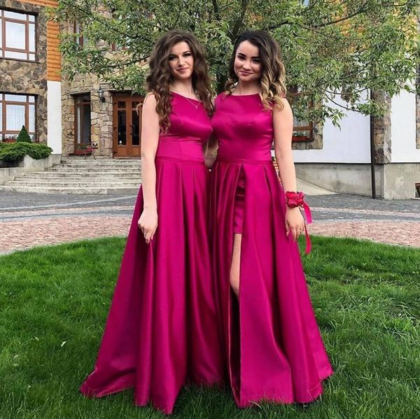fuchsia satin a line bridesmaid dresses with side split floor length scoop neck sleeveless long wedding guest dresses, White;pink 
fuchsia satin a line bridesmaid dresses with side split floor length scoop neck sleeveless long wedding guest dresses, White;pink