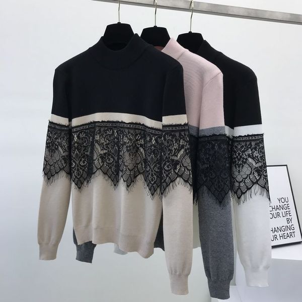 autumn turtleneck patchwork lace sweater women long-sleeve knitted pullovers, White;black
autumn turtleneck patchwork lace sweater women long-sleeve knitted pullovers, White;black