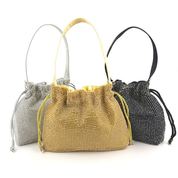 women elegant glitter drawstring bucket prom handbag ladies wedding party evening clutch banquet purse bag