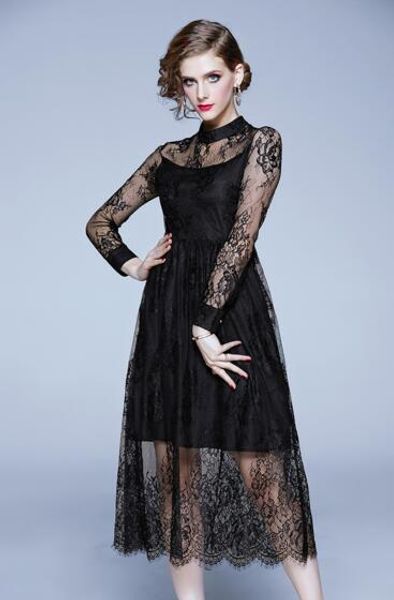 spring and autumn new lace ladies temperament stand collar hollow sheer long sleeve slim long dress, Black;gray
spring and autumn new lace ladies temperament stand collar hollow sheer long sleeve slim long dress, Black;gray