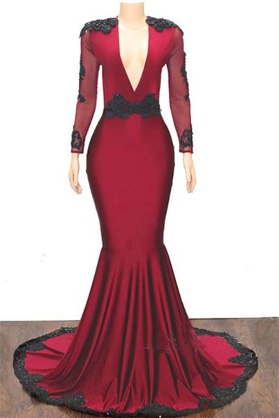 Sexy Lace-Appliques Mermaid Long-Sleeves Prom Dresses V Neck Dark Red Black Lace Party Gowns Plus Size Evening Dresses Custom Made
Sexy Lace-Appliques Mermaid Long-Sleeves Prom Dresses V Neck Dark Red Black Lace Party Gowns Plus Size Evening Dresses Custom Made