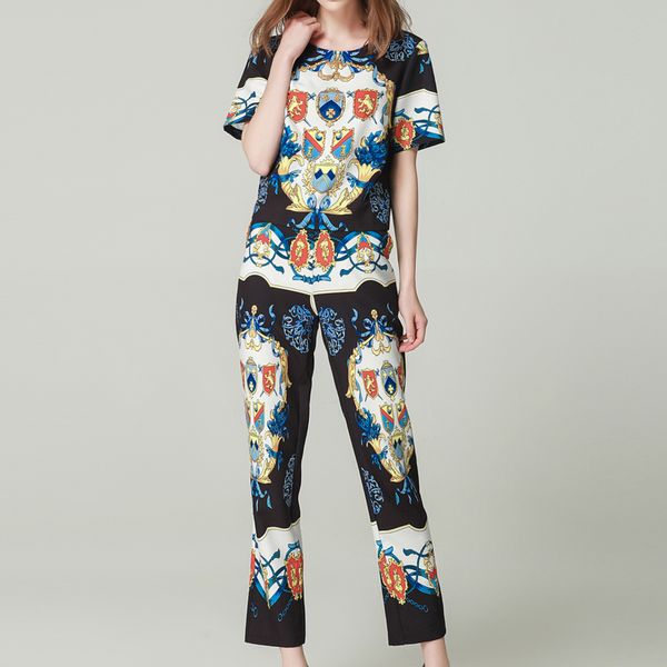 new 2019 designer summer suit set womens and blouses and vintage print full length pants two pieces sets, White
new 2019 designer summer suit set womens and blouses and vintage print full length pants two pieces sets, White