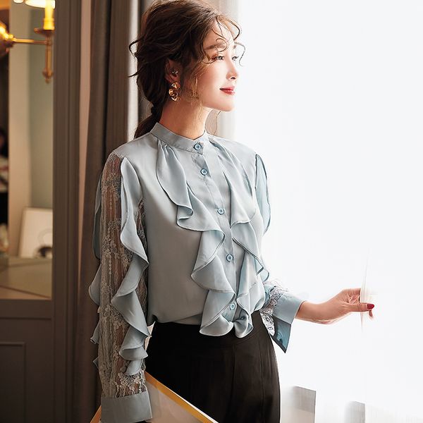 spring new women's korean style elegant lotus leaf side long sleeve embroidered yarn all over blouse women, White
spring new women's korean style elegant lotus leaf side long sleeve embroidered yarn all over blouse women, White