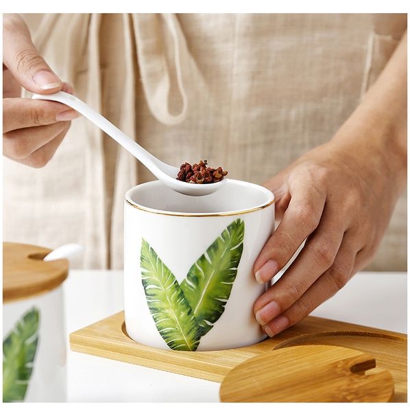 green leaves sugar bowl home kitchen ceramica salt condiment seasoning pot jars with spoons dinnerware sets