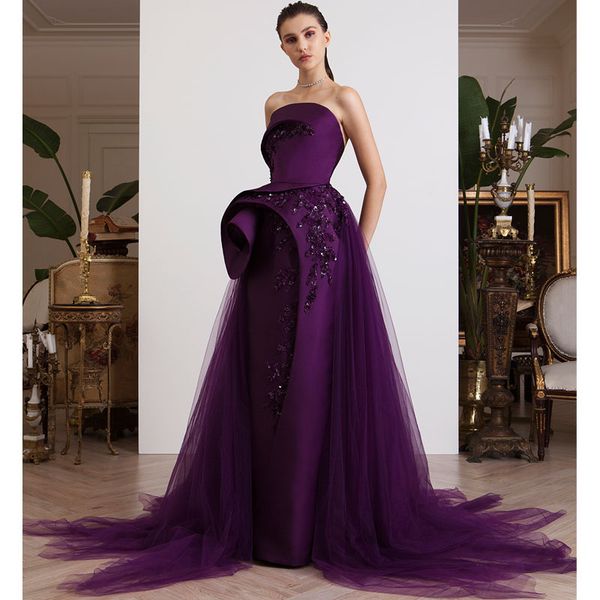 designer purple beaded overskirt prom dresses strapless neck appliqued party dress a line sweep train sequined plus size formal gowns, Black
designer purple beaded overskirt prom dresses strapless neck appliqued party dress a line sweep train sequined plus size formal gowns, Black