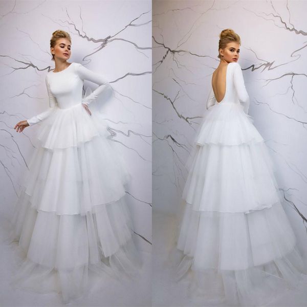 bohemian beach a line wedding dresses jewel neck long sleeves lace satin tiersed tulle backless sweep train wedding dress bridal gowns, White
bohemian beach a line wedding dresses jewel neck long sleeves lace satin tiersed tulle backless sweep train wedding dress bridal gowns, White