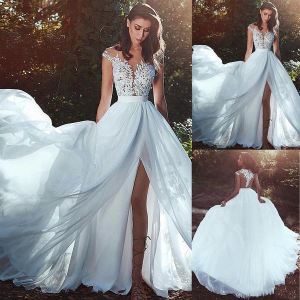 lace chiffon wedding dresses sheer neck cap sleeve appliqued lace high slit floor length bridal gowns park wedding, White
lace chiffon wedding dresses sheer neck cap sleeve appliqued lace high slit floor length bridal gowns park wedding, White