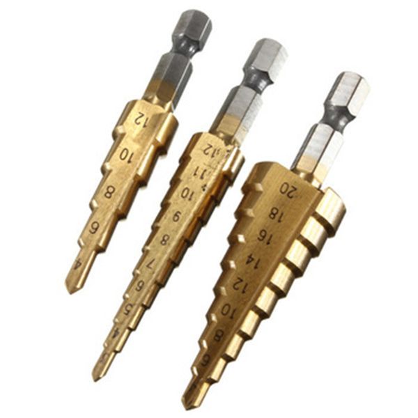 3 шт / комплект HSS Шаг сверло Бит Titanium Шаг шпур Cutter 3-12mm 4-12mm 4-20mm Электродрель Инструм
3 шт / комплект HSS Шаг сверло Бит Titanium Шаг шпур Cutter 3-12mm 4-12mm 4-20mm Электродрель Инструм