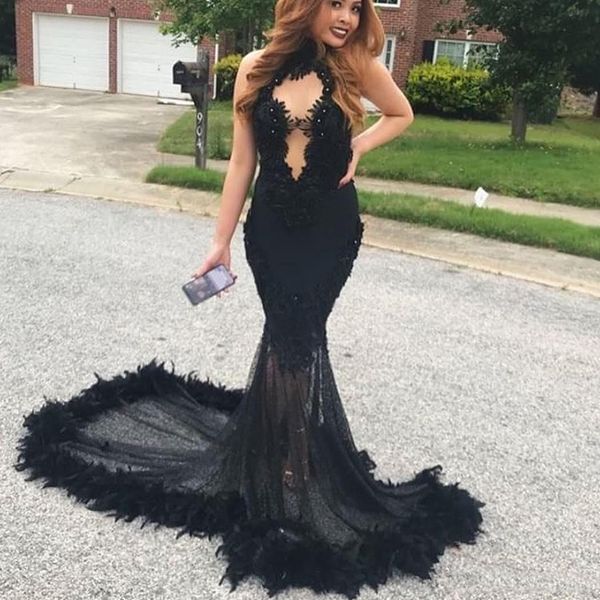 Sexy Black 2K19 Prom Dresses Halter Feather Beads Lace Plus Size Black Girls Arabic Formal Mermaid Evening Gowns See Through Party Dress