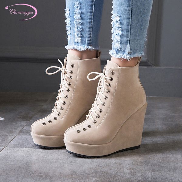 european street style round toe flock ankle boots fashion lace-up platform high heel wedges motorcycle boots women's shoes, Black
european street style round toe flock ankle boots fashion lace-up platform high heel wedges motorcycle boots women's shoes, Black