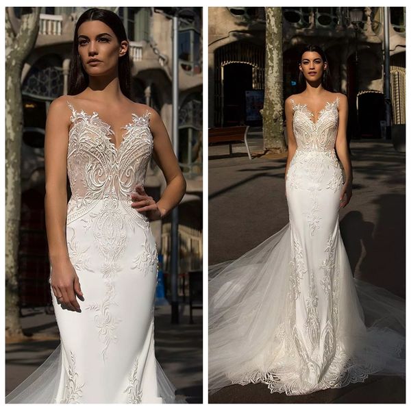 2019 sheer lace appliques slim mermaid wedding dresses custom garden sweep train vestidos de mariee beautiful bridal gowns, White
2019 sheer lace appliques slim mermaid wedding dresses custom garden sweep train vestidos de mariee beautiful bridal gowns, White