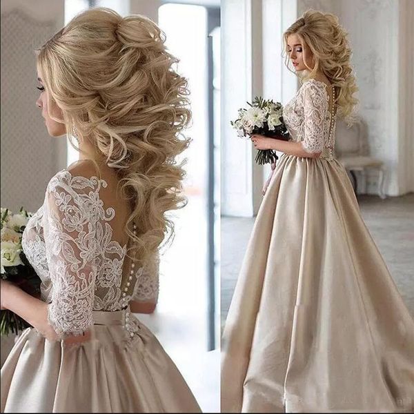 2019 gold prom dresses a line lace appliques long satin evening gowns illusion half sleeves girls pageant dress, Black
2019 gold prom dresses a line lace appliques long satin evening gowns illusion half sleeves girls pageant dress, Black