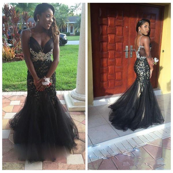 2019 spaghetti mermaid prom dresses slim tulle backless lace appliques beaded crystal vestidos de special occasion party gowns evening, Black
2019 spaghetti mermaid prom dresses slim tulle backless lace appliques beaded crystal vestidos de special occasion party gowns evening, Black