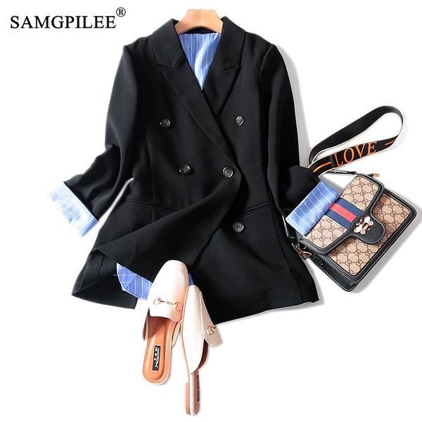 women blazers and jackets 2020 blaser feminino three quarter solid double breasted notched pockets office lady blazer oversize, White;black
women blazers and jackets 2020 blaser feminino three quarter solid double breasted notched pockets office lady blazer oversize, White;black
