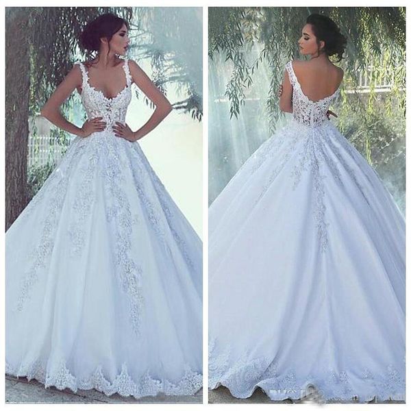 2019 Spaghetti A-Line Lace Wedding Dresses Long Bridal Gowns Beading Sequins Vestidos De Marriage Custom Size