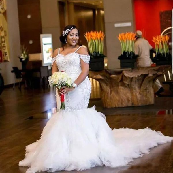 african plus size bride gowns wedding dresses appliques crystals spaghetti straps mermaid tiered tulle long bridal dresses, White
african plus size bride gowns wedding dresses appliques crystals spaghetti straps mermaid tiered tulle long bridal dresses, White