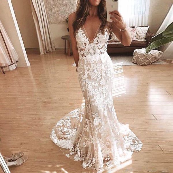 fashion illusion floral lace wedding dresses v neck sleeveless boho wedding gowns sweep train beach bridal dress robe de mariee, White
fashion illusion floral lace wedding dresses v neck sleeveless boho wedding gowns sweep train beach bridal dress robe de mariee, White