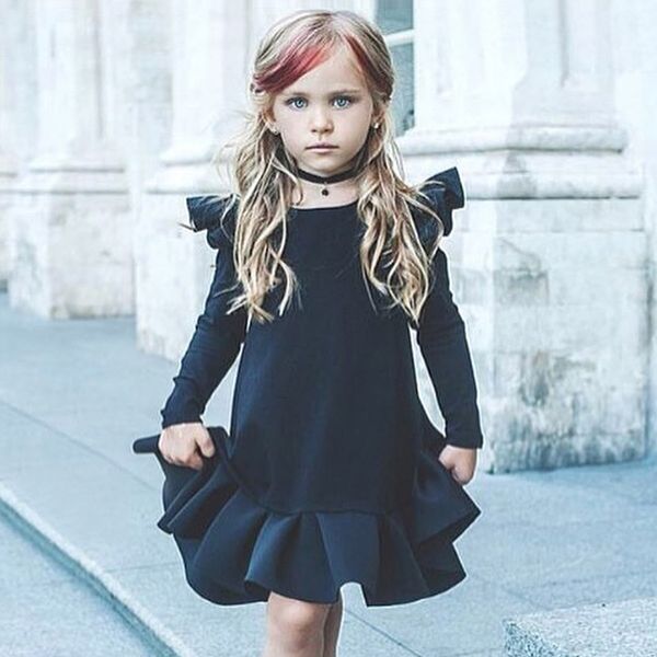 2019 new winter dresses for toddler girls navy blue long puff sleeve pleated dress kids casual dress, Red;yellow