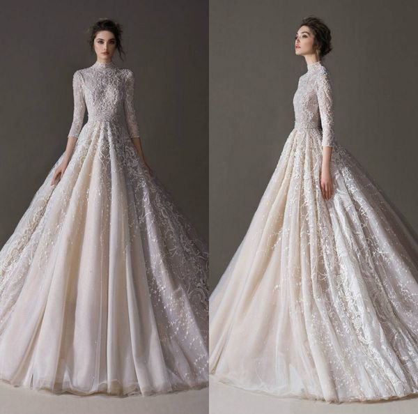 2020 floral bridal dresses high-neck 3/4 sleeves lace appliqued wedding gown sweep train custom made robes de mariée, White
2020 floral bridal dresses high-neck 3/4 sleeves lace appliqued wedding gown sweep train custom made robes de mariée, White
