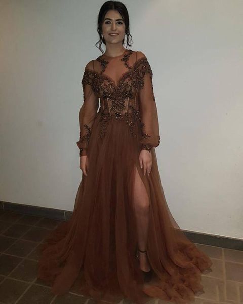 side split a line prom dresses jewel neck see through long sleeve bead sequined tulle special occasion dress tier tulle party gowns, Black
side split a line prom dresses jewel neck see through long sleeve bead sequined tulle special occasion dress tier tulle party gowns, Black