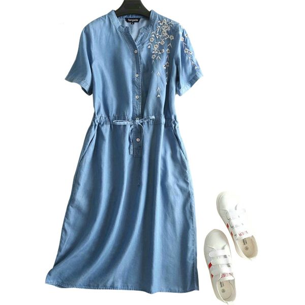 fashion women embroidery denim dress pearl o neck short sleeve ladies belt blue shirt dress vestidos 2p09, Black;gray
fashion women embroidery denim dress pearl o neck short sleeve ladies belt blue shirt dress vestidos 2p09, Black;gray