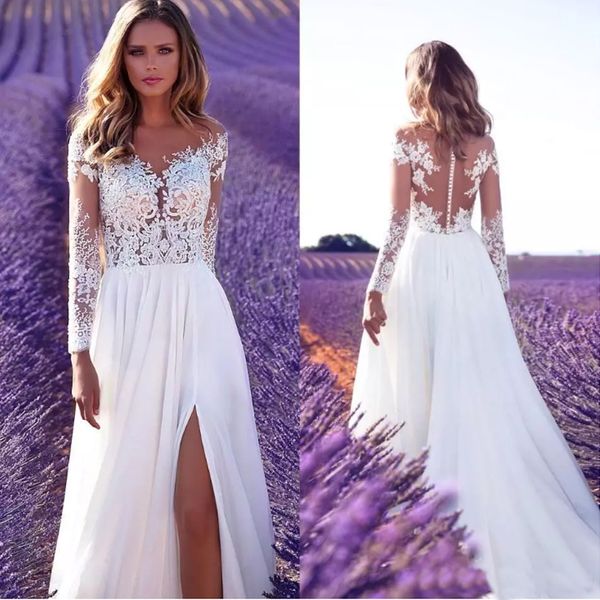 2019 long sleeves lace beach wedding dresses bohemian high split chiffon sheer neck backless plus size bridal gowns, White
2019 long sleeves lace beach wedding dresses bohemian high split chiffon sheer neck backless plus size bridal gowns, White