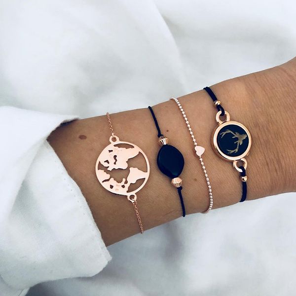 4 pcs/ set women bohemian elk map heart round geometric beads chain leather gold bracelet set personality fashion party jewelry, Black
4 pcs/ set women bohemian elk map heart round geometric beads chain leather gold bracelet set personality fashion party jewelry, Black