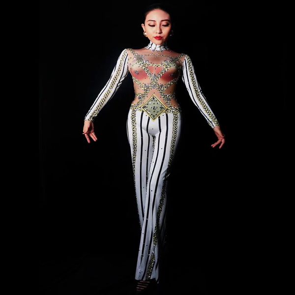 women new 3d printed stripe rhinestones jumpsuit outfit stage dance stretch one-piece costume female performance jumpsuit, Black;white
women new 3d printed stripe rhinestones jumpsuit outfit stage dance stretch one-piece costume female performance jumpsuit, Black;white