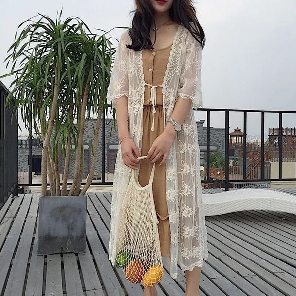 long lace embroidered beach sun protection lace-up cardigan 
long lace embroidered beach sun protection lace-up cardigan