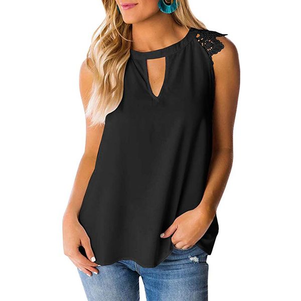 Summer Tshirt 2019 Women Sleeveless Cut Out Keyhole Loose T Shirt Lace Bluses Tops Black Womens T-shirt Camisas Mujer