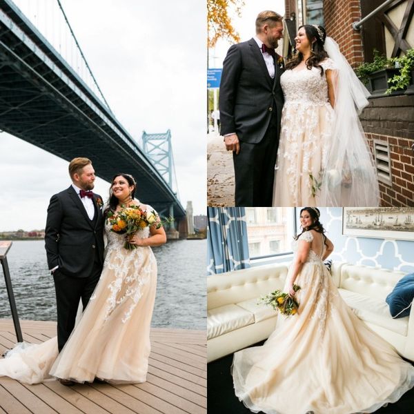 2019 plus size champagne wedding dresses lace appliques cap sleeves floor length bridal gowns beach wedding dress robe de mariée, White
2019 plus size champagne wedding dresses lace appliques cap sleeves floor length bridal gowns beach wedding dress robe de mariée, White
