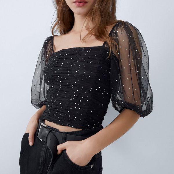shine through women blouse autumn 2019 new fashion shiny rhinestone black mesh square collar modern lady crop, White
shine through women blouse autumn 2019 new fashion shiny rhinestone black mesh square collar modern lady crop, White