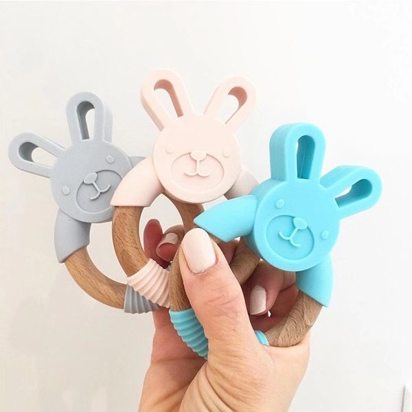 Dhl Ins Animal Silicone Teether Wooden Ring Nursing Accessories Infant Gifts Chewable Rattle Circle Newborn Shower Gifts Baby Teethers