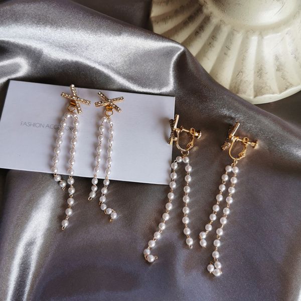 korean new x pearl tassel long earrings for women fashion ear clip gold color crystal cross earrings statement jewelry, Golden;silver
korean new x pearl tassel long earrings for women fashion ear clip gold color crystal cross earrings statement jewelry, Golden;silver