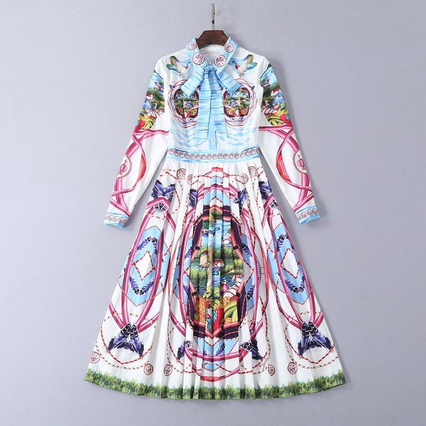 european and american women's fashion 2019 spring new style long-sleeve bow collar cartoon printing pleated temperament dress, Black;gray
european and american women's fashion 2019 spring new style long-sleeve bow collar cartoon printing pleated temperament dress, Black;gray